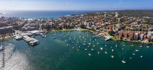 Aerial panoramic view of the Manly Wharf and harbour in Sydney, Australia