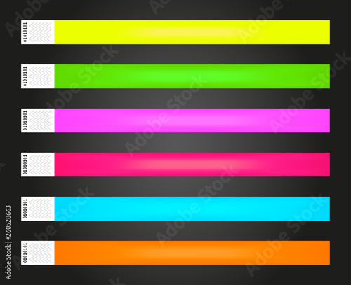 Vector set of luminous neon cheap empty bracelets or wristbands in the most common colors. Sticky hand entrance event paper bracelets isolated on black. Template or mock up suitable for identification
