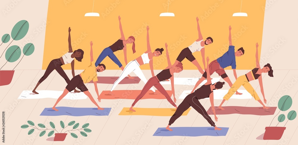 Cute funny people practicing yoga together. Group of smiling active men and  women performing gymnastic exercise. Aerobics class, training, sports  activity. Flat cartoon colorful vector illustration. Stock Vector | Adobe  Stock