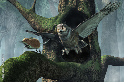 A mouse has just found the wrong tree hollow. A great horned own rushes out after the mouse. The little mouse flees along a moss covered branch, as the nocturnal predator gives chase. 3D rendering