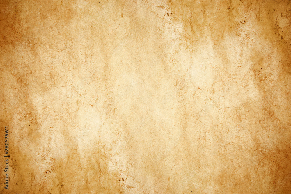 Yellow brown stained paper. Rustic grunge parchment. Empty copy space antique secret message background.