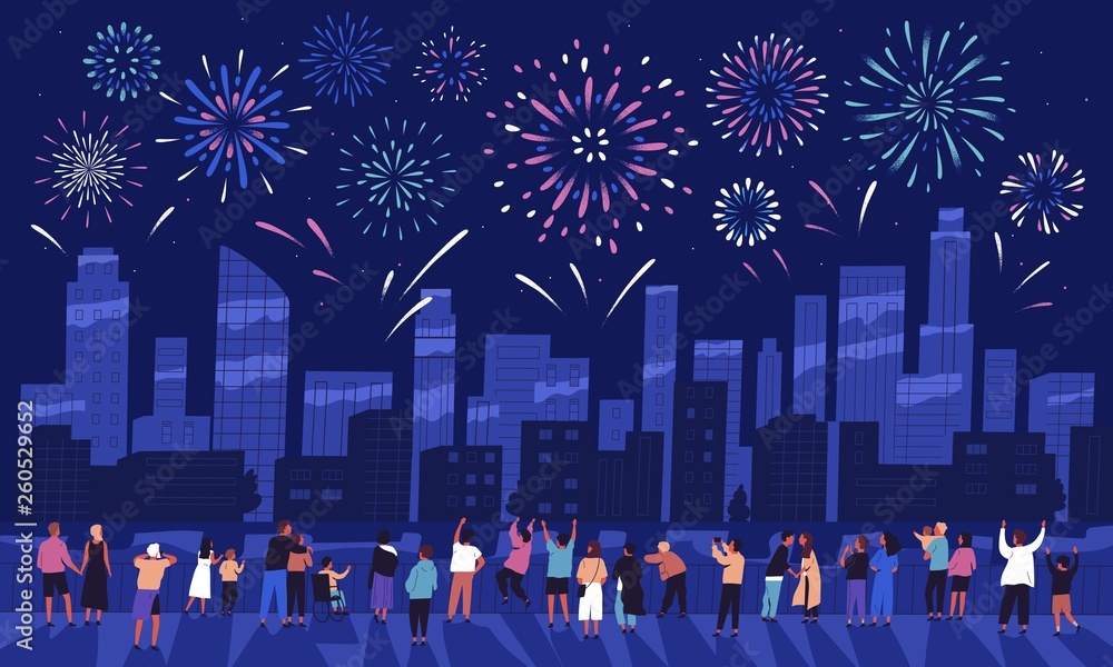 Crowd of people watching fireworks displaying in dark evening sky and celebrating holiday against city buildings. Festival celebration, pyrotechnics show. Flat cartoon colorful vector illustration. - obrazy, fototapety, plakaty 