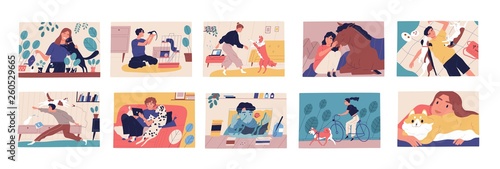 Bundle of scenes with pet owners. Collection of cute funny men and women spending time with their domestic animals, walking, cuddling and playing with them. Flat cartoon colorful vector illustration. photo