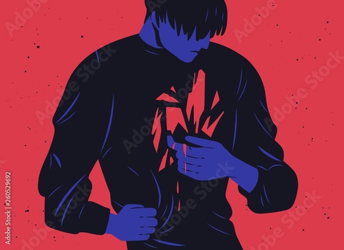Unhappy young man and his inner trauma or bleeding scar. Concept of depression, mental breakdown, psychical problem, psychological wounds, emotional crisis. Modern flat vector illustration.