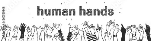 Vector hand drawn sketch style illustration with black colored human hands different skin colors greeting & waving isolated on white background. Crowd, party, sale concept. For advertising, packaging.