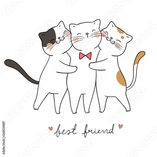 Draw cat hug with love and word best friend