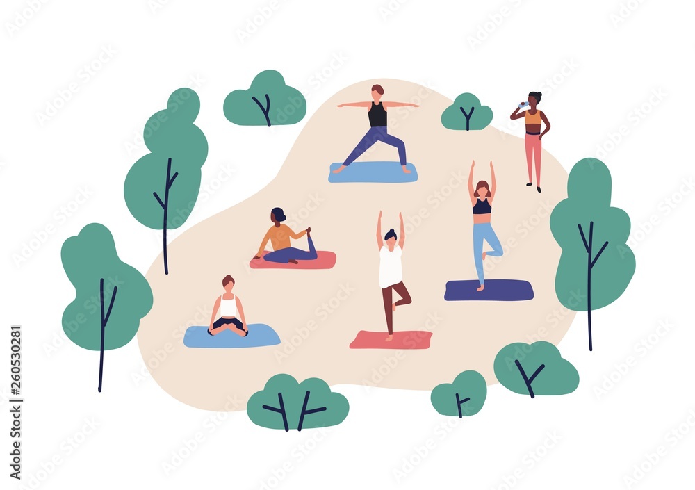 Funny people practicing yoga in park. Group of cute men and women  performing gymnastic exercise outdoor. Aerobics training, fitness or sports  activity. Flat cartoon colorful vector illustration. Stock Vector | Adobe  Stock