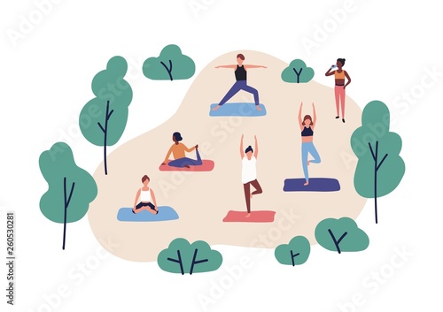 Funny people practicing yoga in park. Group of cute men and women performing gymnastic exercise outdoor. Aerobics training, fitness or sports activity. Flat cartoon colorful vector illustration.