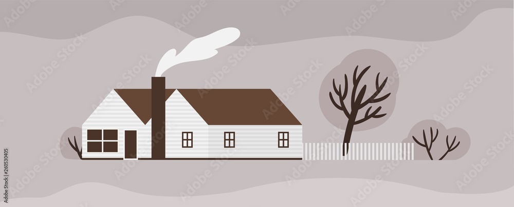 Facade of town house or cottage in Scandic style. Wooden Scandinavian building with fence. Modern suburban residence or dwelling, farmstead, household or ranch. Monochrome vector illustration.
