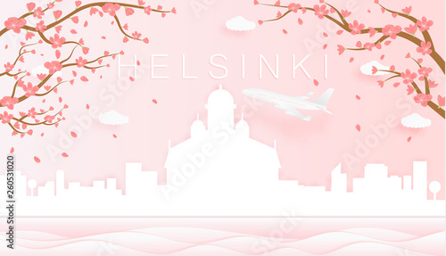 Panorama travel postcard, poster, tour advertising of world famous landmarks of Helsinki, spring season with blooming flowers in tree