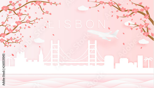 Panorama travel postcard, poster, tour advertising of world famous landmarks of Lisbon, spring season with blooming flowers in tree