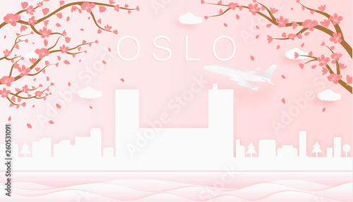 Panorama travel postcard, poster, tour advertising of world famous landmarks of Oslo, spring season with blooming flowers in tree