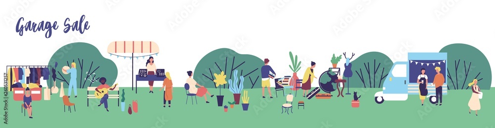 Horizontal web banner template for garage sale, outdoor festival, summer fair advertisement with men and women buying and selling goods in park. Flat cartoon vector illustration for event promotion. Horizontal web banner template for garage sale, outdoor festival, summer fair advertisement with men and women buying and selling goods in park. Flat cartoon vector illustration for event promotion.