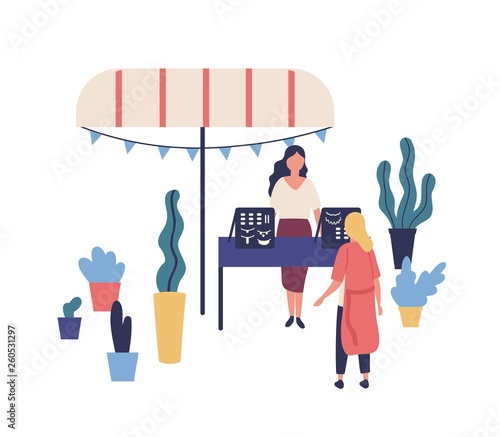 Stall or counter with handmade jewelry or bijouterie, female seller and customer at summer outdoor festival, creative market or fair. Garage sale in park. Flat colorful cartoon vector illustration.