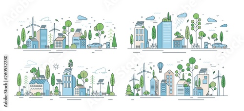 Collection of cityscapes or urban landscapes with eco city using ecologically friendly technologies - wind power, solar energy, electric transport. Modern vector illustration in line art style.