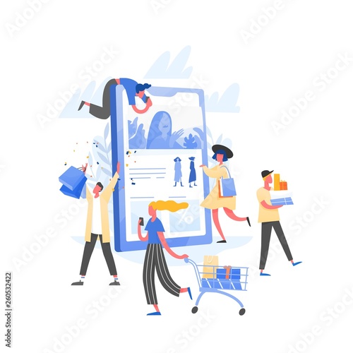 Composition with crowd of crazy customers or shopaholics carrying shopping carts with purchases, bags and boxes and giant tablet PC. Online store or internet shop sale. Flat vector illustration.