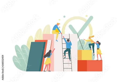 Composition with group of managers, employees or office workers climbing up together and supporting each other. Concept of team building, teamwork, collective work. Flat colorful vector illustration.
