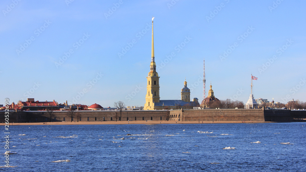 Peter and Paul Fortress on Hare's island view over Neva river in St. Petersburg, Russia