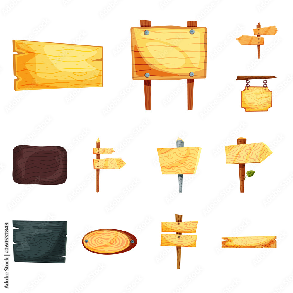 Vector illustration of signboard and wood symbol. Set of signboard and ...