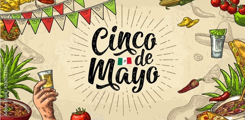 Cinco de Mayo lettering and mexican traditional food. Vector engraving photo