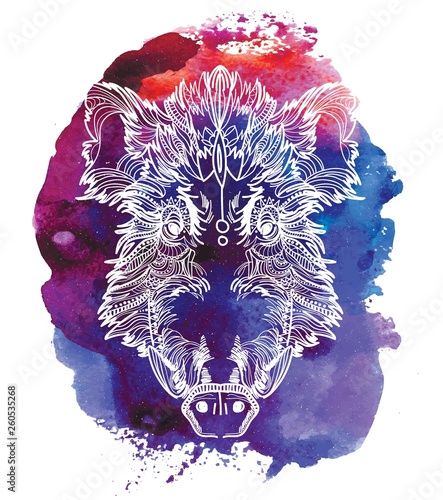 Head of a wild boar. Meditation, coloring of the mandala. Pig head with fangs and hair. Drawing manually, templates.