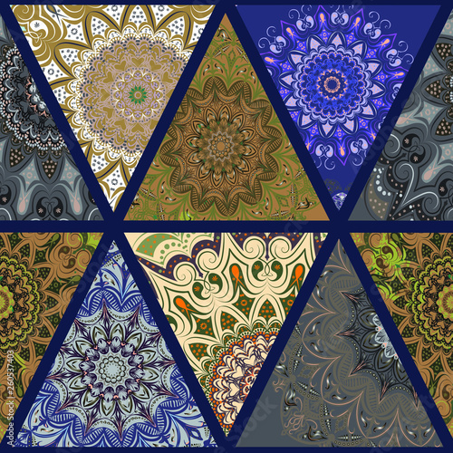  Triangular elements of patterns - mandalas, lace contours, floral motifs. Gray, brown, blue colors and shades. Fabrics, wallpapers, posters, printing.