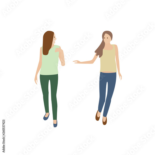 Two girls go and talk. Young women in summer clothes chatting. Conversation of two people walking. People talk.