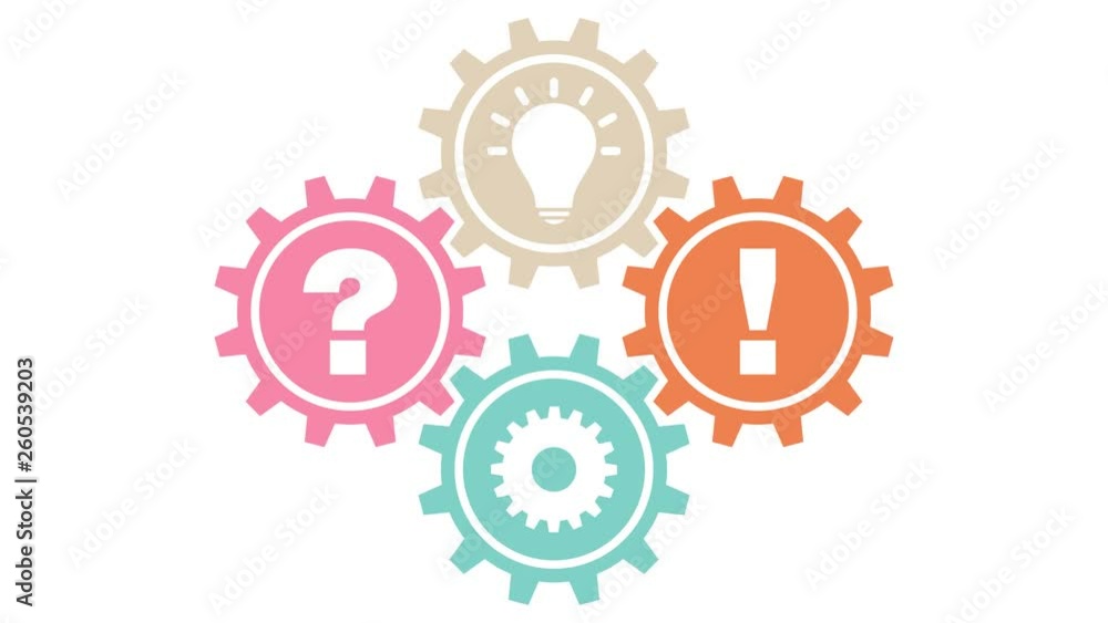 4 Drehende Zahnräder Frage, Idee, Arbeit & Antwort Übereinander Retro 4 Drehende Zahnräder Frage, Idee, Arbeit & Antwort Übereinander Retro