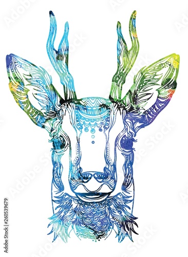 Head of roe deer. Meditation, coloring of the mandala. Head of a deer with horns. Drawing manually, templates. Strips, points, arrows.