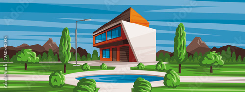 Vector illustration, house landscape with swimming pool. Background of nature, mountains and forests.