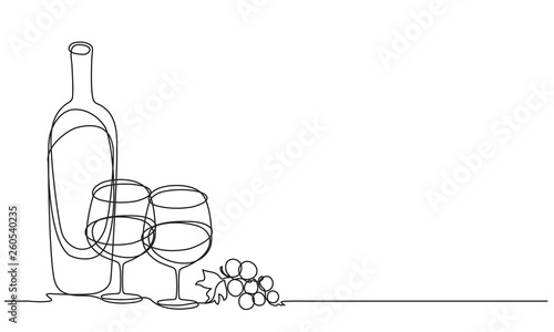 Wine glasses and bottle of wine. Vector. Continuous line drawing.