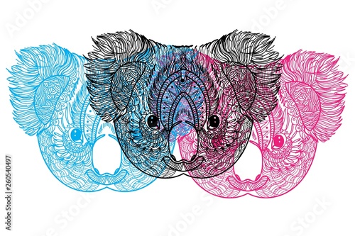 Koala. Head of koala and fluffy ears. Drawing manually in vintage style. Meditative coloring. Coloring for children. Arrows, points, patterns, waves. Animals of Australia.