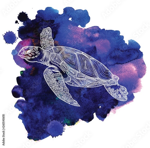 The sea turtle swims. Meditative coloring of antistress. Arrows, strips, scales, lines. Logo, print on the T-shirt. Children's painting, drawing by hand. 