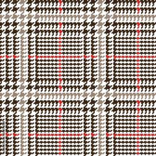 Brown Glen Plaid Seamless Vector Pattern with Red and Beige Overcheck Stripes. Prince of Wales Check. Classic 5x5 Houndstooth Textile Print. Traditional Scottish Fabric. Pixel Pattern Tile Swatch Incl