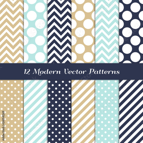 Gold, Navy Blue, Aqua Blue and White Polka Dots, Gingham, Chevron and Candy Stripes Vector Patterns. Modern Geometric Backgrounds. Repeating Pattern Tile Swatches Included.