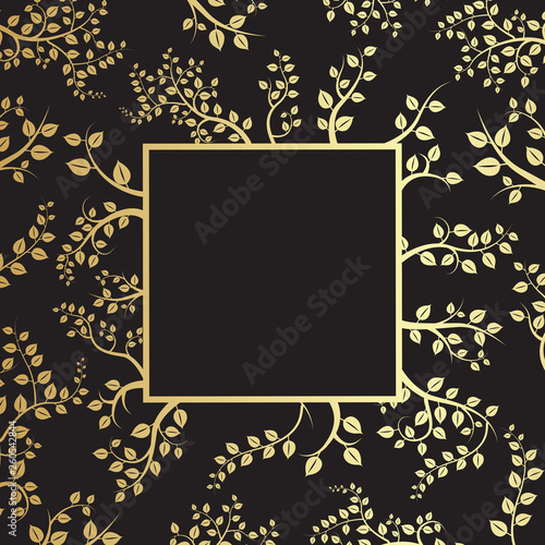 Golden leaves and frame vector design on black background