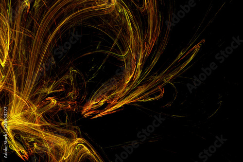 Abstract image - colored lines create a trajectory drawing of motion of cosmic fire particles on a black background.