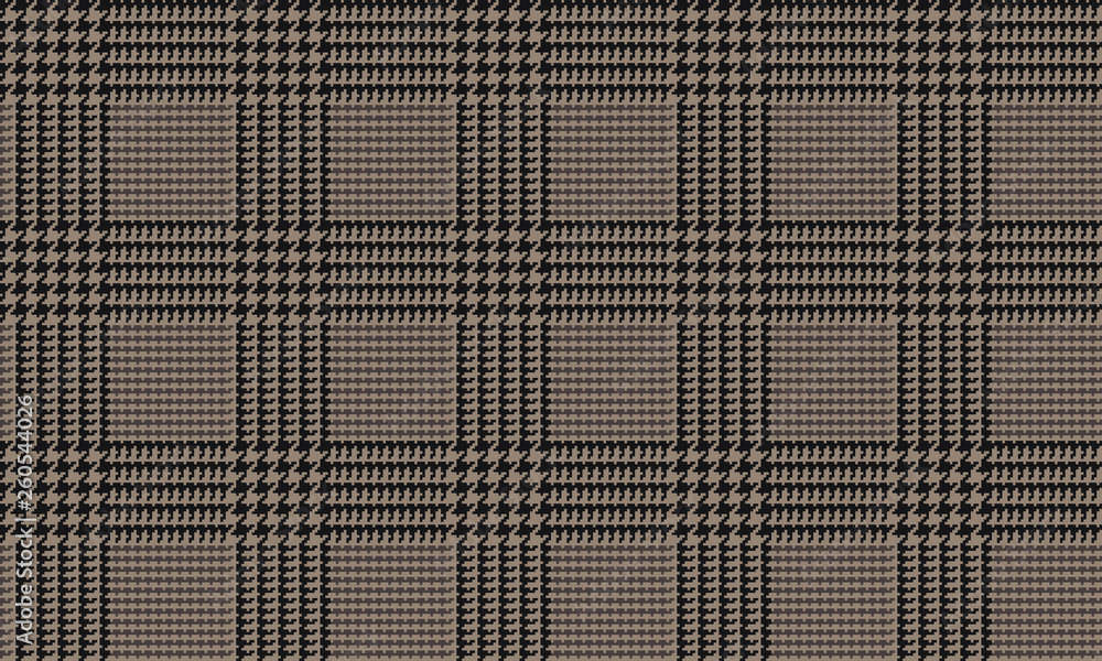 Brown Glen Plaid Seamless Vector Pattern with Black 5x5 Houndstooth Check. Trendy High Fashion Print. Prince of Wales Check. Traditional Scottish Fabric. Pixel Perfect Repeating Tile Swatch Included.