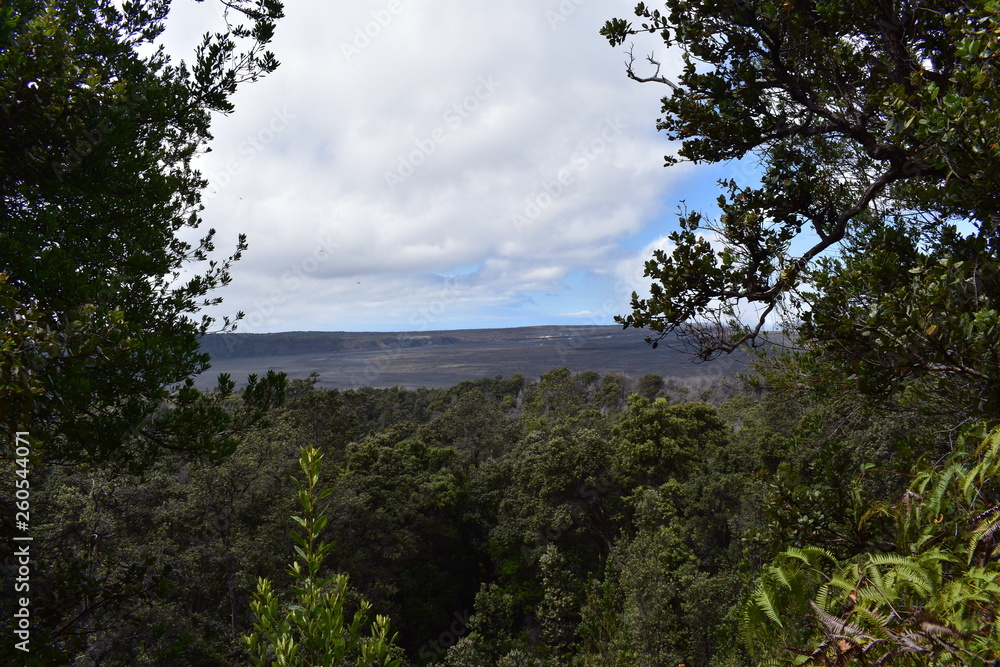 Fototapeta premium Kilauea Volcano Crater in Hawaii viewed from a distance with smoke rising from the crater