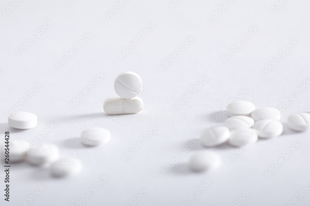 Medicine tablets on white background , Pharmacy theme