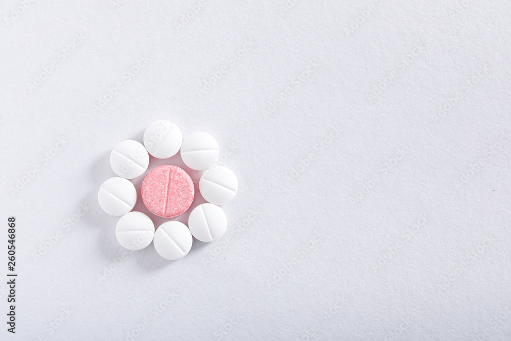 Medicine tablets on white background , Pharmacy theme Medicine tablets on white background , Pharmacy theme