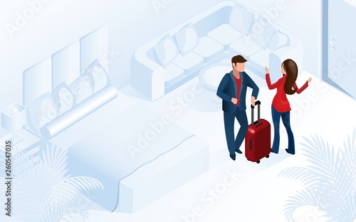 Couple Woman Man Arriving with Luggage in Room