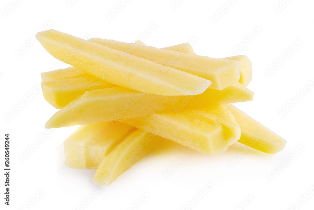 Raw Potato sliced strips prepared for French fries isolated over white background. Raw Potato sliced strips prepared for French fries isolated over white background.