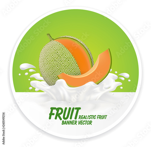 Colorful fresh fruits falling into the milky splash banner. Vector illustration