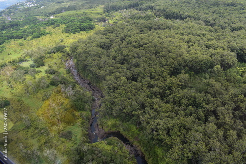 Arial View of Hawaiian Rainforest and waterfalls amid a dense tropical rainforest with rivers and valleys zig zagging across the land