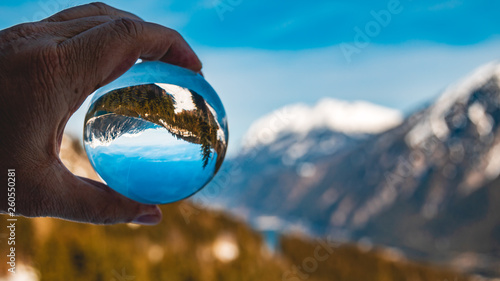 Crystal ball alpine winter landscape shot at the Achensee-Pertisau-Tyrol-Austria