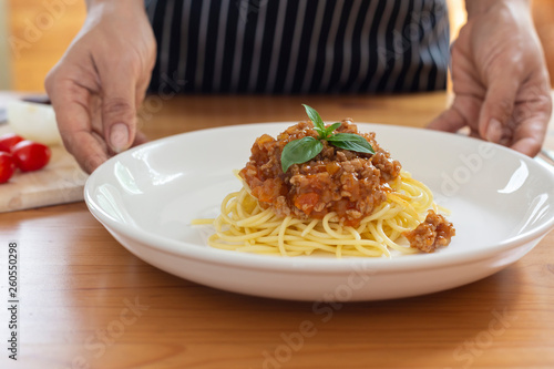 Homemade Spaghetti Bolognese On a wooden table