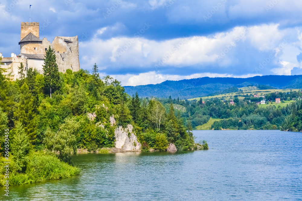 Landscape of the Niedzica Castle over the river, Poland