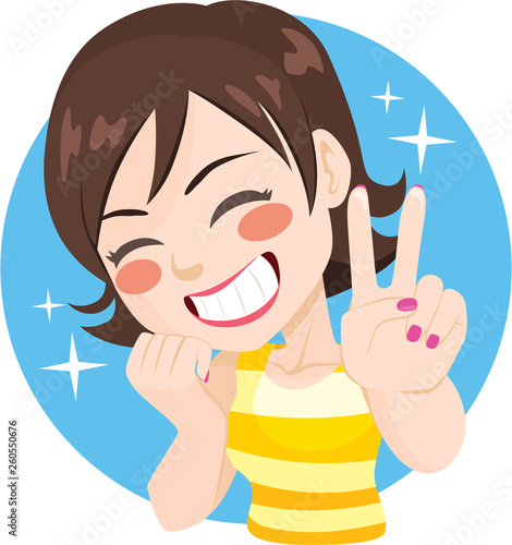 Cheerful happy woman smiling making victory sign with hand