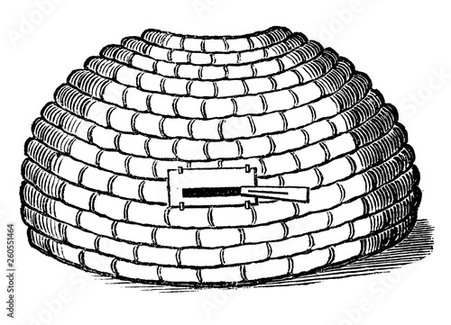 Vintage Vector Drawing or Engraving of Antique Old Style Bee Hive or Beehive Made From Straw